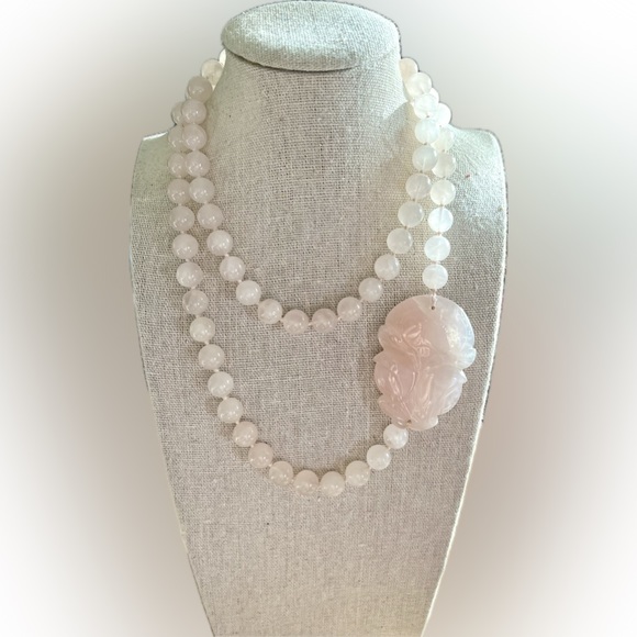 Jewelry - Vintage Chinese Rose Quartz Hand Knotted Mala Lotus Necklace
